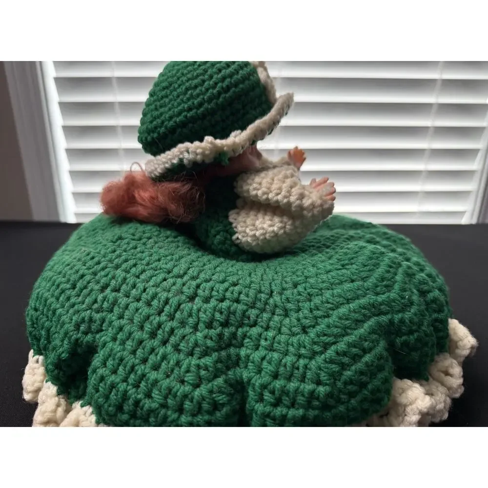 Vtg Crochet Bed Doll Green White Handmade Boudoir Pillow Doll Red Hair Kitsch